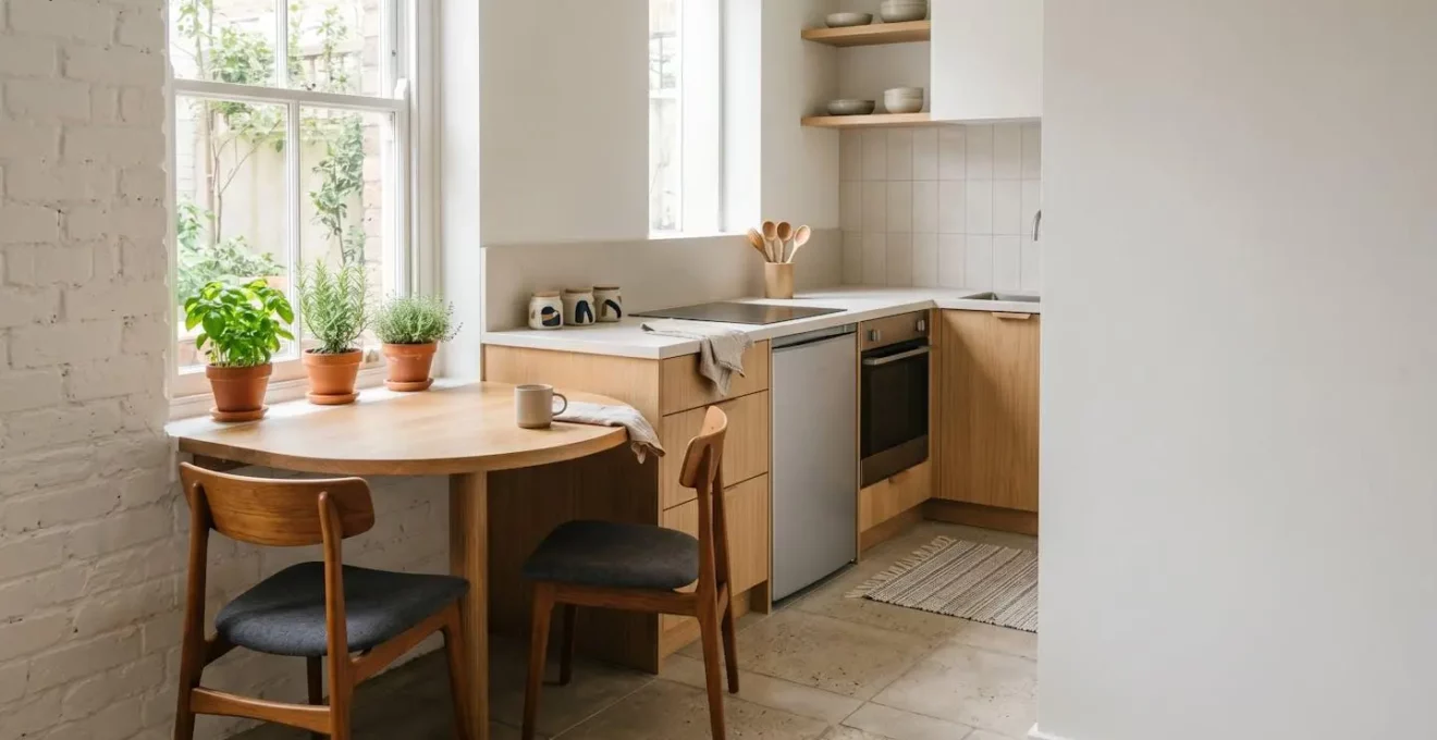 Aménagement d'un coin repas dans une petite cuisine moderne avec table compacte et circulation optimisée