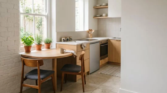 Aménagement d'un coin repas dans une petite cuisine moderne avec table compacte et circulation optimisée