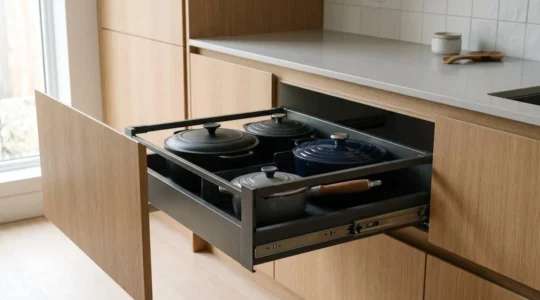 Vue en plongée d'un tiroir casserolier ouvert montrant des faitouts en fonte disposés dans un aménagement de cuisine ergonomique