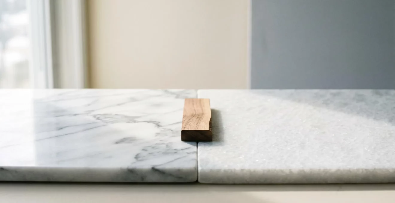 Comparaison visuelle entre un plan de travail en marbre blanc veiné et une surface en quartzite pour cuisine haut de gamme