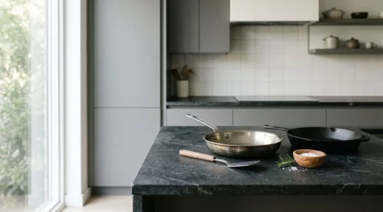 Plan de travail de cuisine moderne en pierre naturelle avec ustensiles de cuisson professionnels