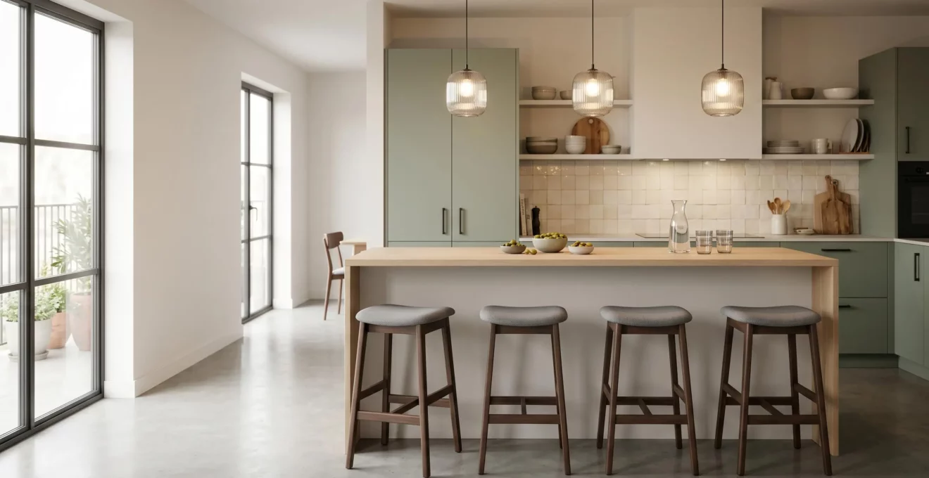 Comptoir de bar moderne dans une cuisine ouverte, aménagé pour l'apéritif à quatre personnes avec éclairage ambiance
