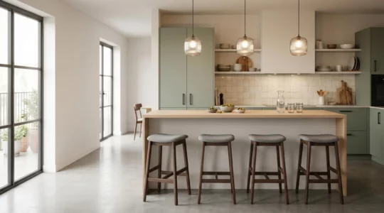 Comptoir de bar moderne dans une cuisine ouverte, aménagé pour l'apéritif à quatre personnes avec éclairage ambiance