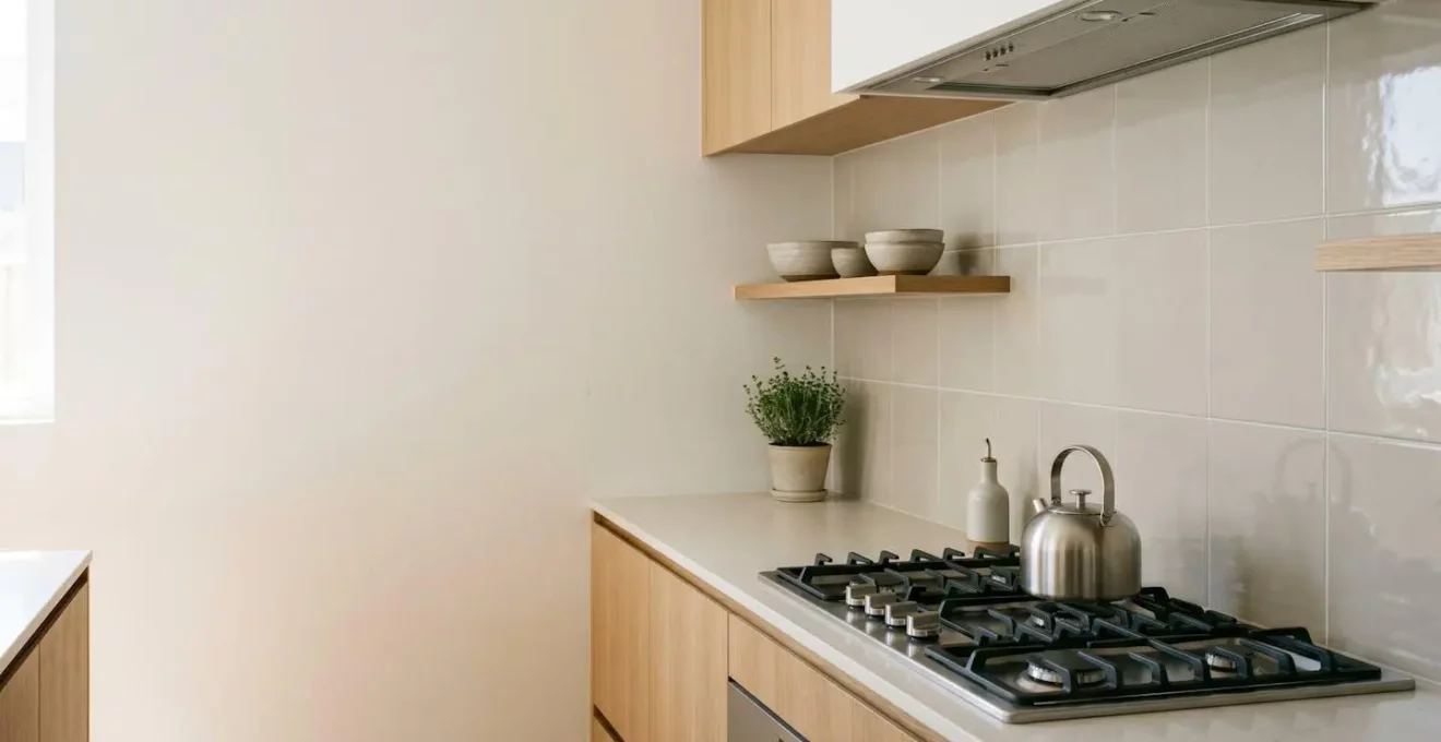 Vue d'ensemble d'une cuisine contemporaine avec crédence protégeant le mur derrière la plaque de cuisson