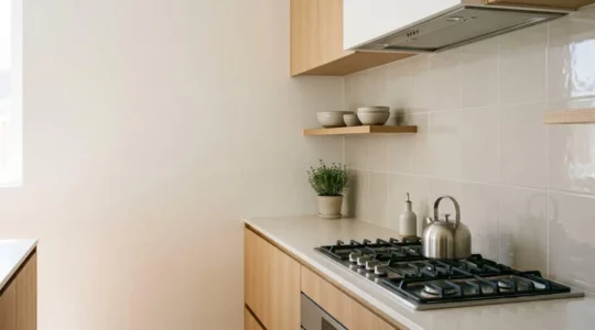 Vue d'ensemble d'une cuisine contemporaine avec crédence protégeant le mur derrière la plaque de cuisson