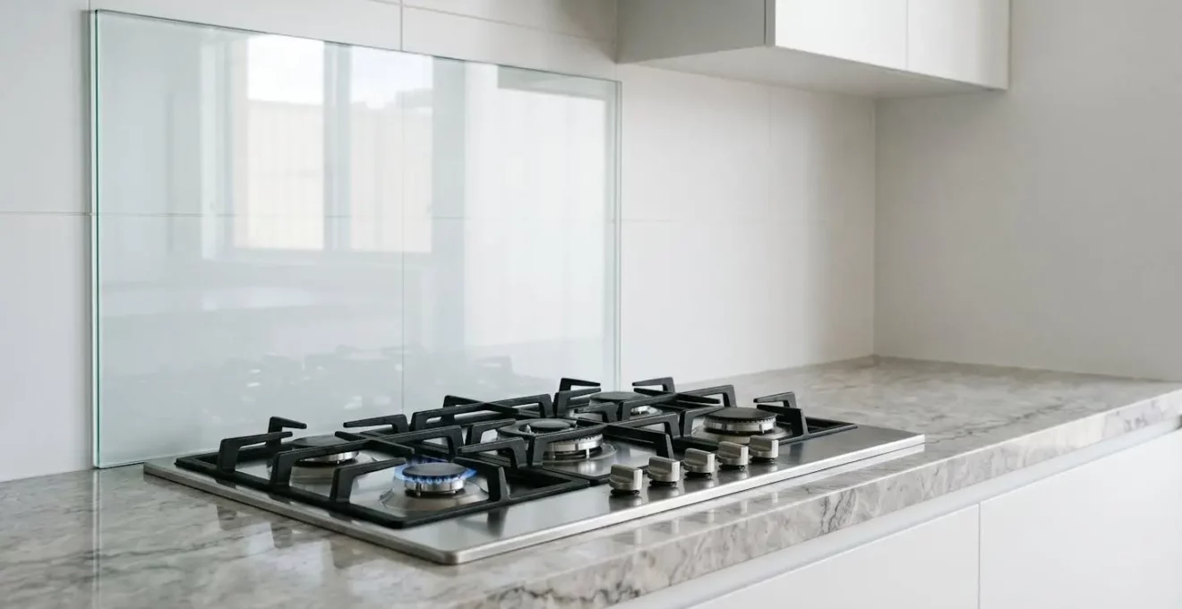 Crédence en verre trempé installée derrière une plaque de cuisson à gaz professionnelle dans une cuisine moderne