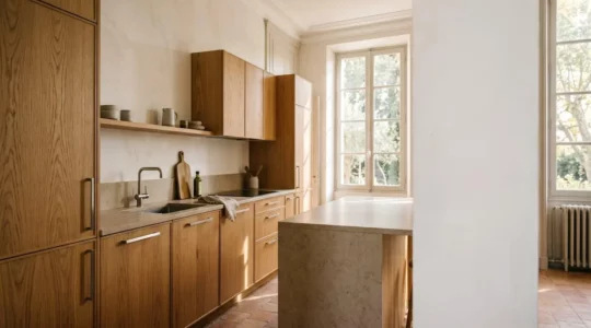 Cuisine contemporaine avec meubles en chêne massif, îlot central et lumière naturelle, France