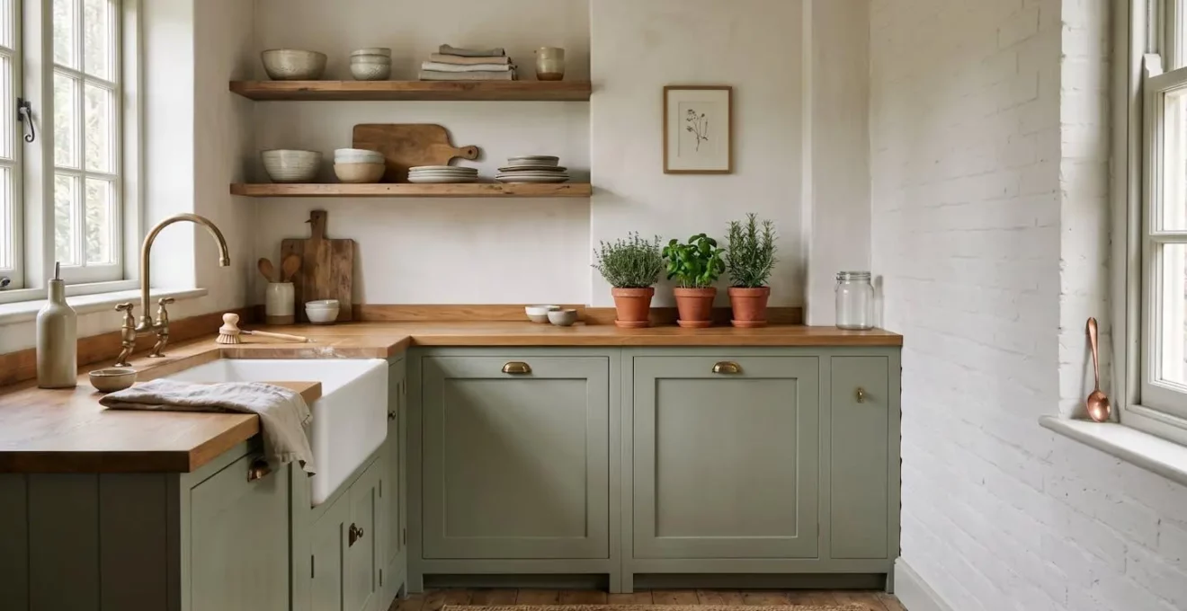 Cuisine de style cottage aux tons neutres avec détails raffinés et ambiance chaleureuse sans surcharge décorative