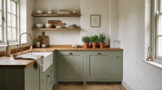 Cuisine de style cottage aux tons neutres avec détails raffinés et ambiance chaleureuse sans surcharge décorative