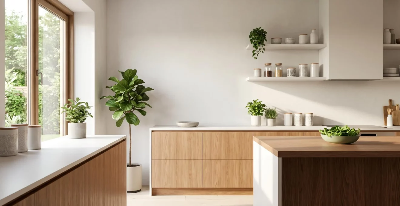 Cuisine moderne avec circulation fluide et lumière naturelle favorisant le bien-être et l'énergie positive