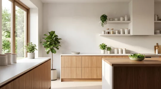 Cuisine moderne avec circulation fluide et lumière naturelle favorisant le bien-être et l'énergie positive
