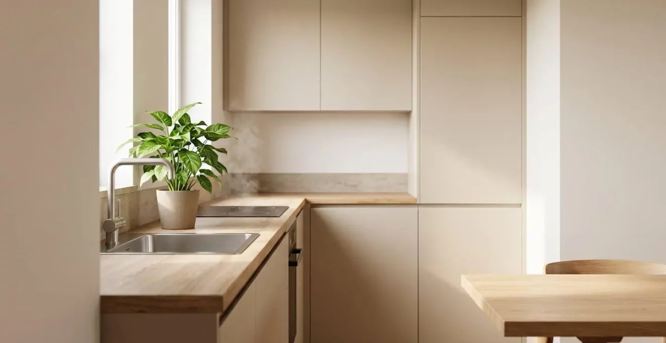 Vue d'ensemble d'une cuisine moderne avec plante verte entre l'évier et la plaque de cuisson, symbolisant l'équilibre des énergies