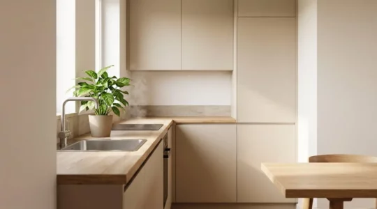 Vue d'ensemble d'une cuisine moderne avec plante verte entre l'évier et la plaque de cuisson, symbolisant l'équilibre des énergies