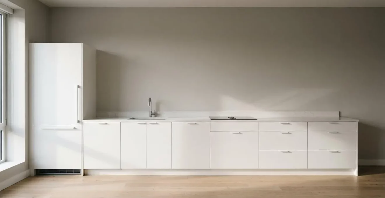 Vue large d'une cuisine moderne en ligne montrant la disposition linéaire des équipements le long d'un seul mur avec espace de circulation dégagé