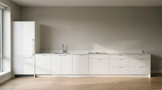 Vue large d'une cuisine moderne en ligne montrant la disposition linéaire des équipements le long d'un seul mur avec espace de circulation dégagé