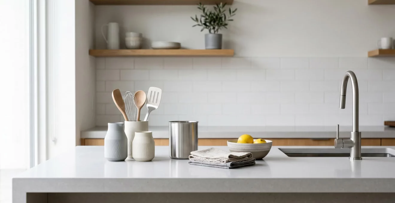 Plan de travail de cuisine contemporaine avec surfaces antibactériennes et matériaux faciles à désinfecter
