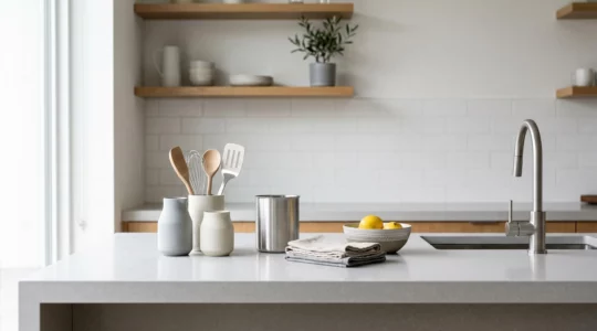 Plan de travail de cuisine contemporaine avec surfaces antibactériennes et matériaux faciles à désinfecter