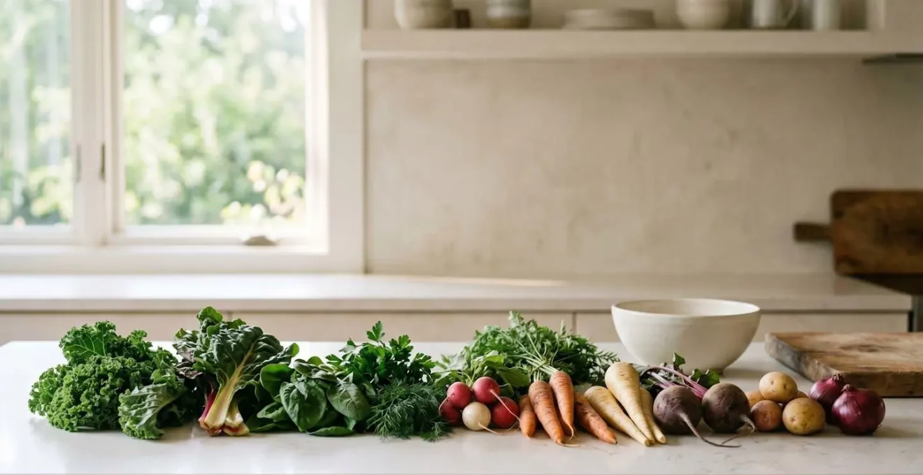 Plan de travail de cuisine avec légumes de saison frais organisés par ordre de fragilité