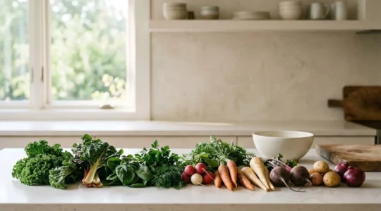 Plan de travail de cuisine avec légumes de saison frais organisés par ordre de fragilité