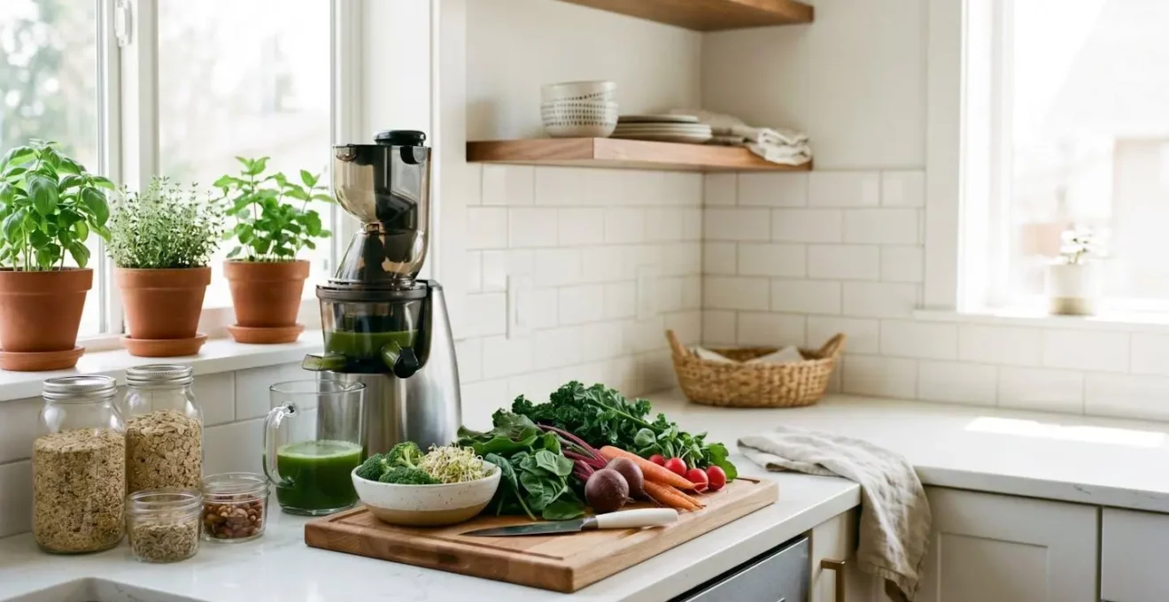 Cuisine moderne organisée comme une station de préparation santé pour alimentation vivante