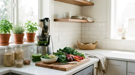 Cuisine moderne organisée comme une station de préparation santé pour alimentation vivante
