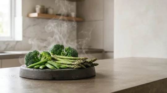 Vapeur s'elevant delicatement autour de legumes verts eclatants dans un environnement de cuisine contemporaine