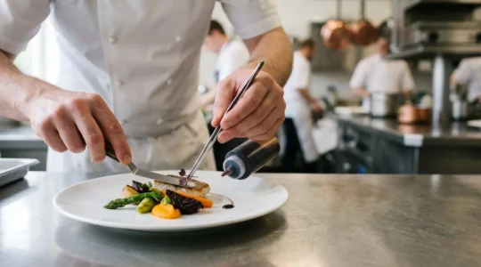 Dressage minutieux d'une assiette gastronomique avec des ustensiles de précision sur un plan de travail professionnel