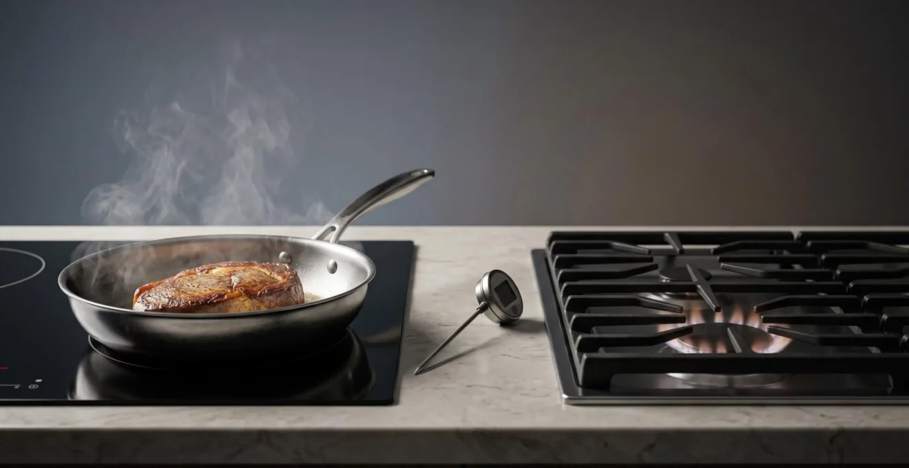 Comparaison visuelle entre cuisson à l'induction et au gaz pour la saisie d'une viande rouge