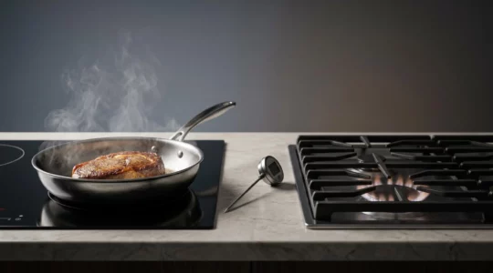 Comparaison visuelle entre cuisson à l'induction et au gaz pour la saisie d'une viande rouge