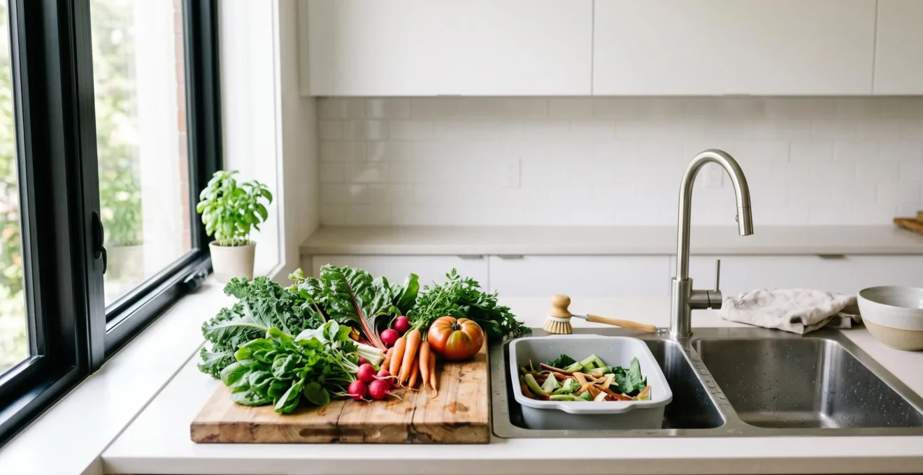 Légumes frais disposés près d'un évier de cuisine avec système d'économie d'eau