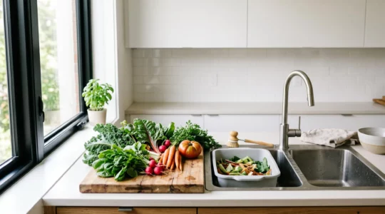 Légumes frais disposés près d'un évier de cuisine avec système d'économie d'eau