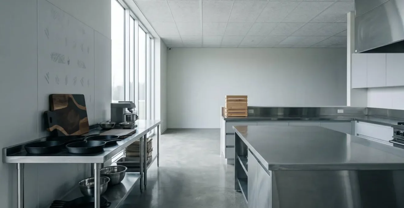 Cuisine professionnelle moderne avec équipements en acier inoxydable et espace de travail épuré