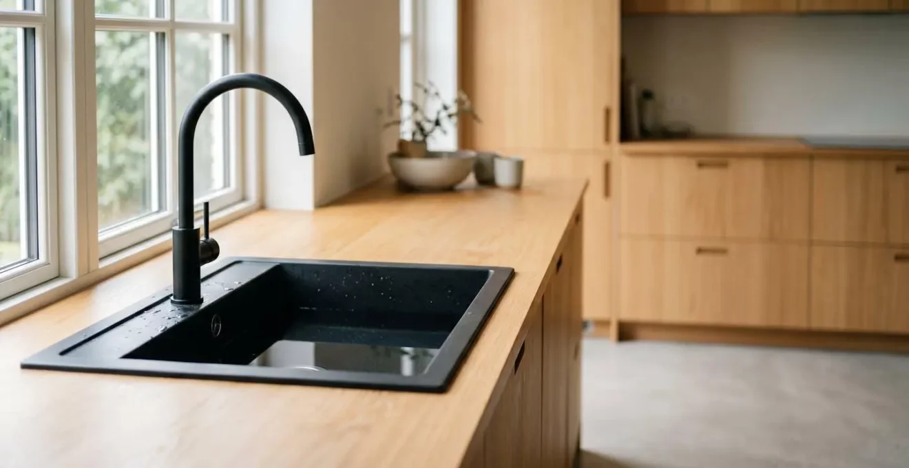 Évier noir en granit composite installé sous plan de travail dans une cuisine contemporaine