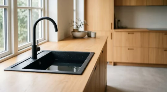 Évier noir en granit composite installé sous plan de travail dans une cuisine contemporaine