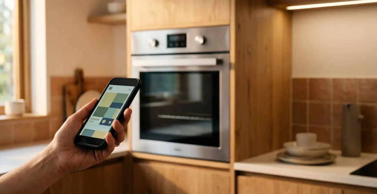 Main tenant un smartphone pour piloter un four connecté dans une cuisine moderne