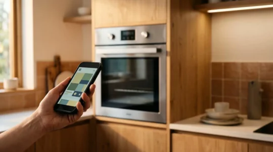 Main tenant un smartphone pour piloter un four connecté dans une cuisine moderne