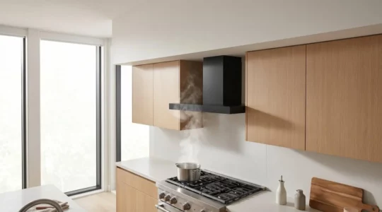 Vue en plongée d'une cuisine moderne avec hotte aspirante et meubles hauts, illustrant la problématique des dépôts de graisses