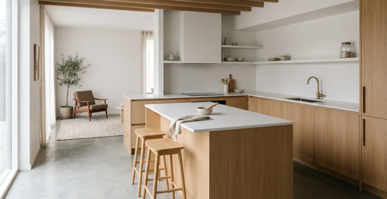 Vue d'ensemble d'une cuisine moderne compacte avec îlot central optimisé pour petits espaces