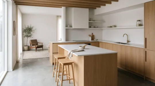 Vue d'ensemble d'une cuisine moderne compacte avec îlot central optimisé pour petits espaces