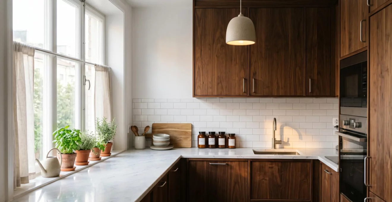 Petite cuisine moderne avec meubles en noyer et lumière naturelle optimisée créant une ambiance chaleureuse et aérée