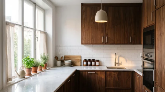 Petite cuisine moderne avec meubles en noyer et lumière naturelle optimisée créant une ambiance chaleureuse et aérée