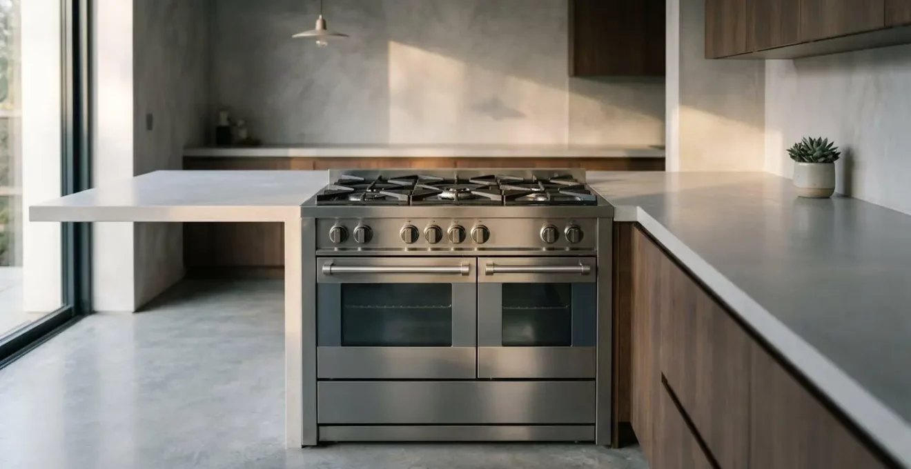 Piano de cuisson mixte professionnel dans une cuisine élégante avec détails en acier inoxydable