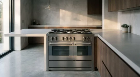 Piano de cuisson mixte professionnel dans une cuisine élégante avec détails en acier inoxydable