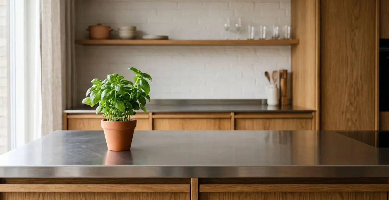 Plan de travail en acier inoxydable dans une cuisine moderne avec surface impeccable sans traces de doigts