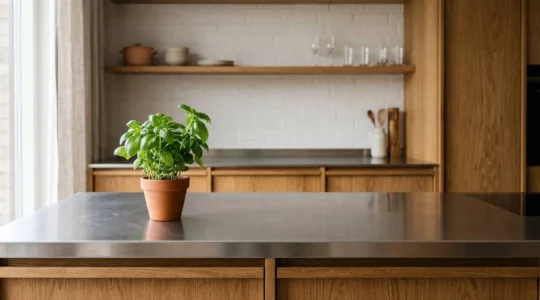 Plan de travail en acier inoxydable dans une cuisine moderne avec surface impeccable sans traces de doigts
