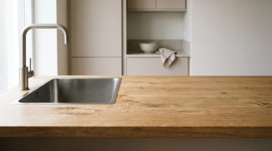 Plan de travail en bois massif près d'un évier de cuisine avec gouttes d'eau