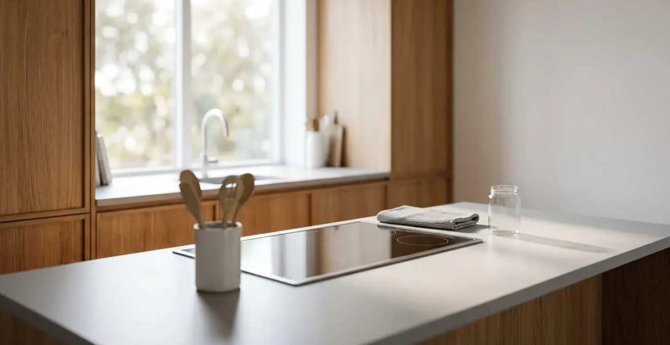 Vue d'ensemble d'une cuisine moderne avec plaque de cuisson et fenêtre en arrière-plan, mise en avant de l'aménagement optimal