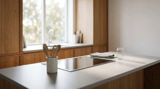 Vue d'ensemble d'une cuisine moderne avec plaque de cuisson et fenêtre en arrière-plan, mise en avant de l'aménagement optimal