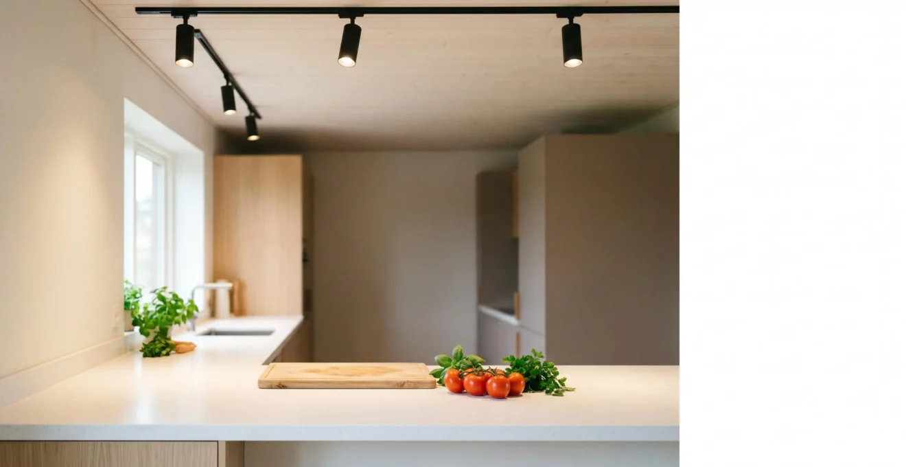 Spots LED positionnés stratégiquement au-dessus d'un plan de travail de cuisine pour éliminer les ombres lors de la découpe