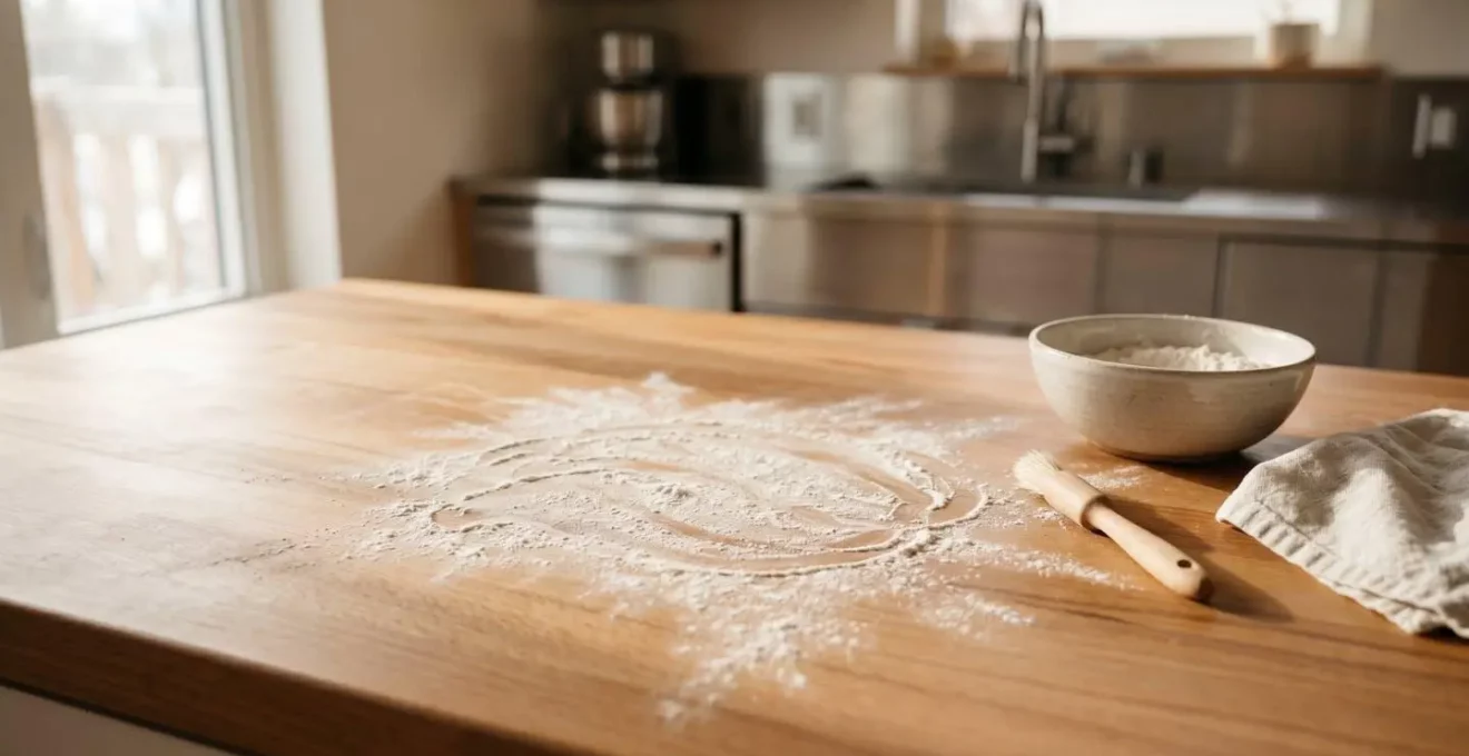 Plan de travail de cuisine en bois avec espace généreux pour étaler une pâte à pizza, vue d'ensemble ergonomique